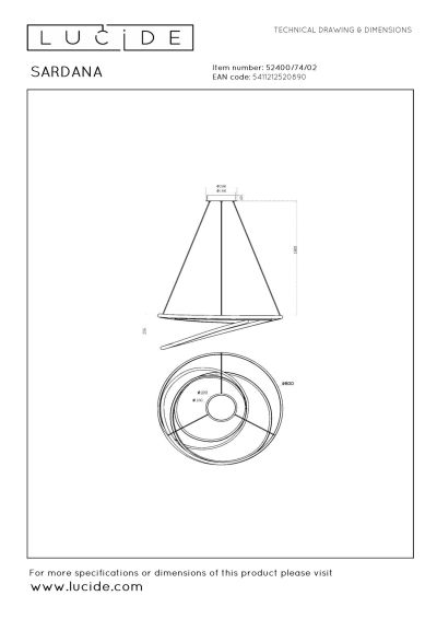 Lucide SARDANA - Pendant light - Ø 80 cm - LED Dim. - 1x74W 2700K - Matt Gold / Brass - Premium